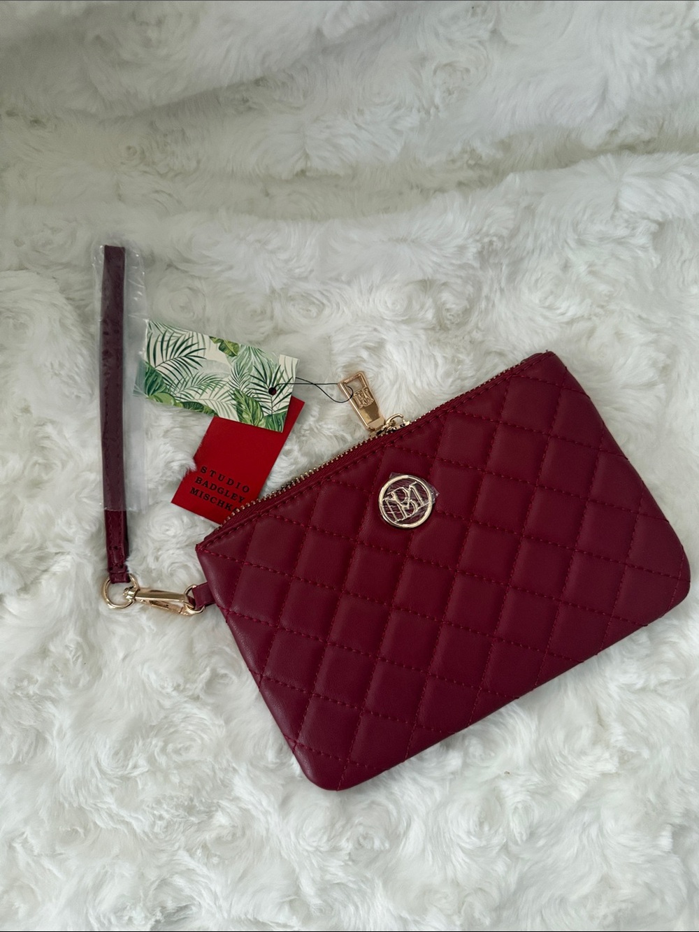 Badgley Mischka Quilted Wristlet Clutch in Burgundy with Gold Hardware